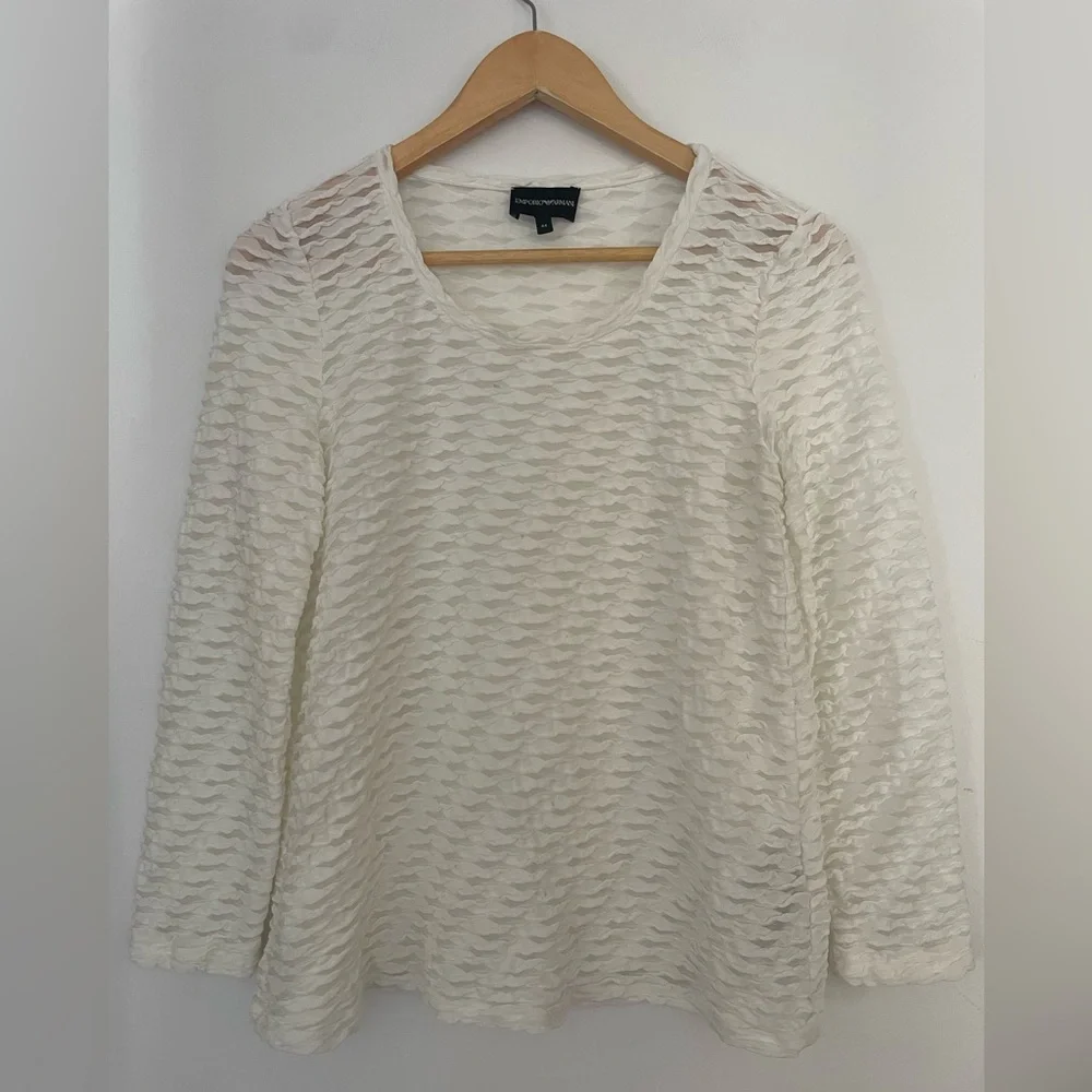 emporio armani JACQUARD JERSEY JUMPER WITH EMBOSSED PATTERN White Textured Top - Picture 6 of 8